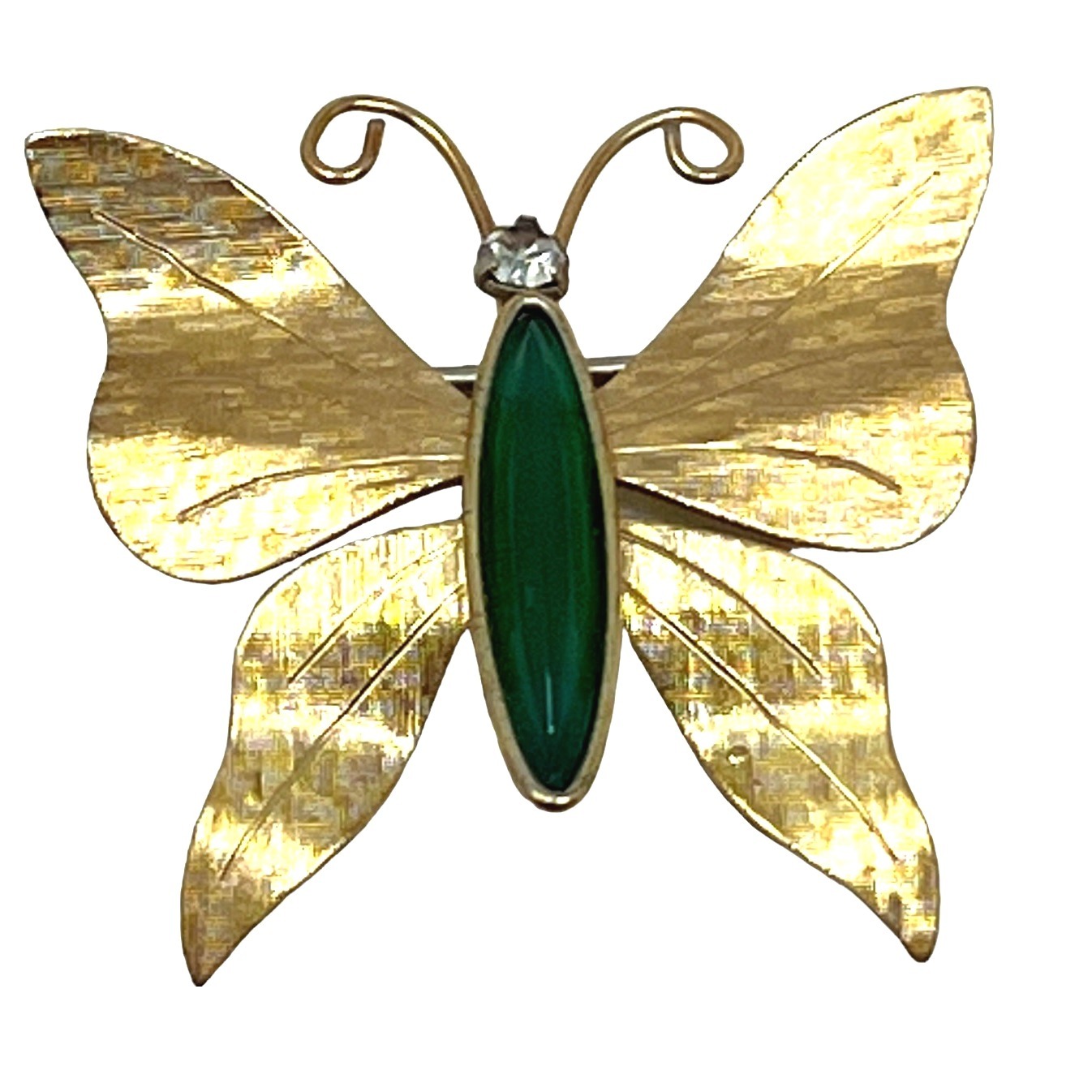 Vintage Krementz Butterfly Brooch Gold Tone Faux Jade Green White Crystal